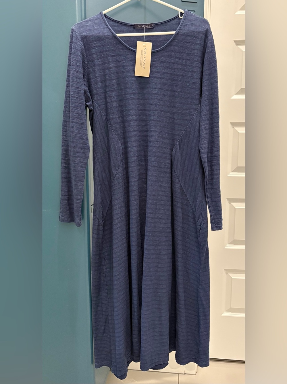 Cut Loose Orchid Stripe Crew Neck Long Sleeve Inset Dress, Nightsky, Large